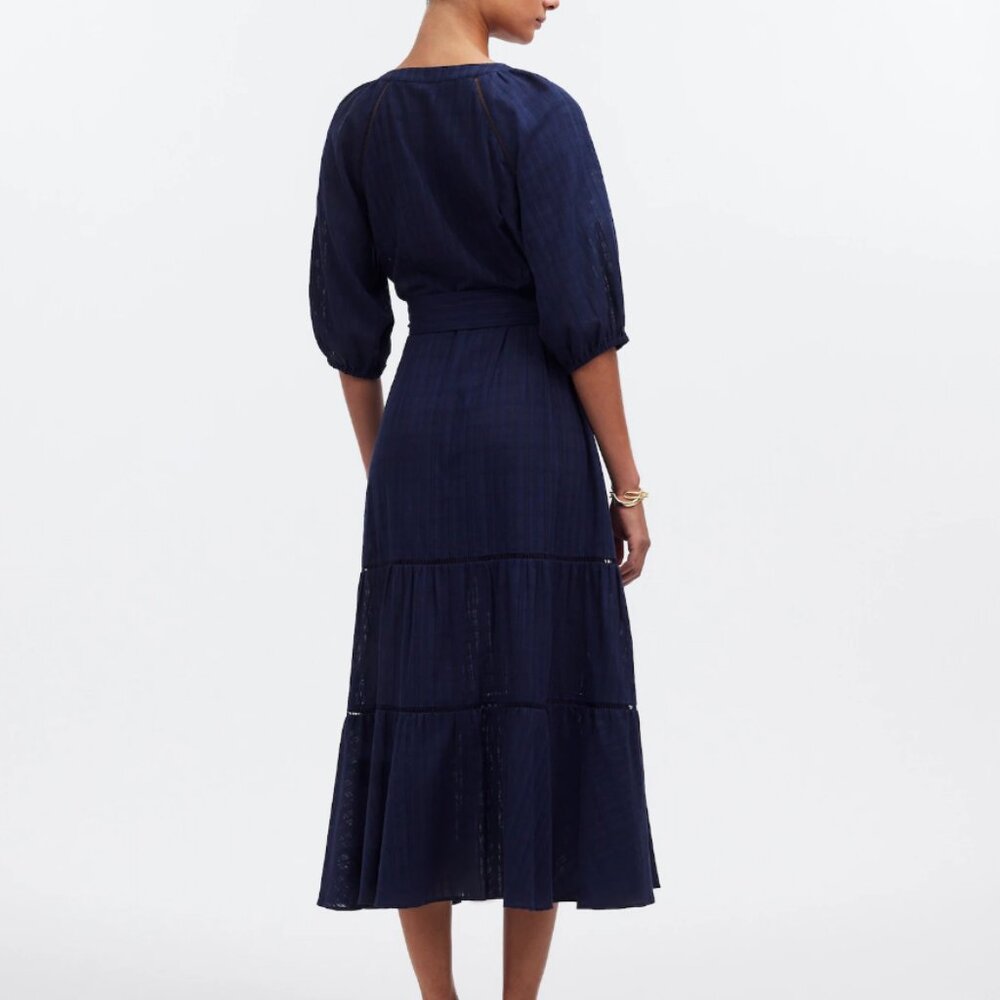 Madewell Tie-Waist Tiered Midi Dress in Windowpane Navy  NEW NS139 Flowy - Picture 2 of 5